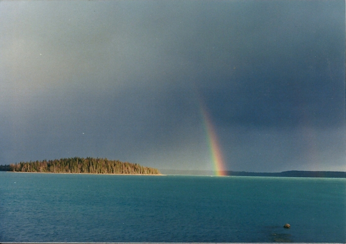 Rainbow over the lake near Frying Pan Island.